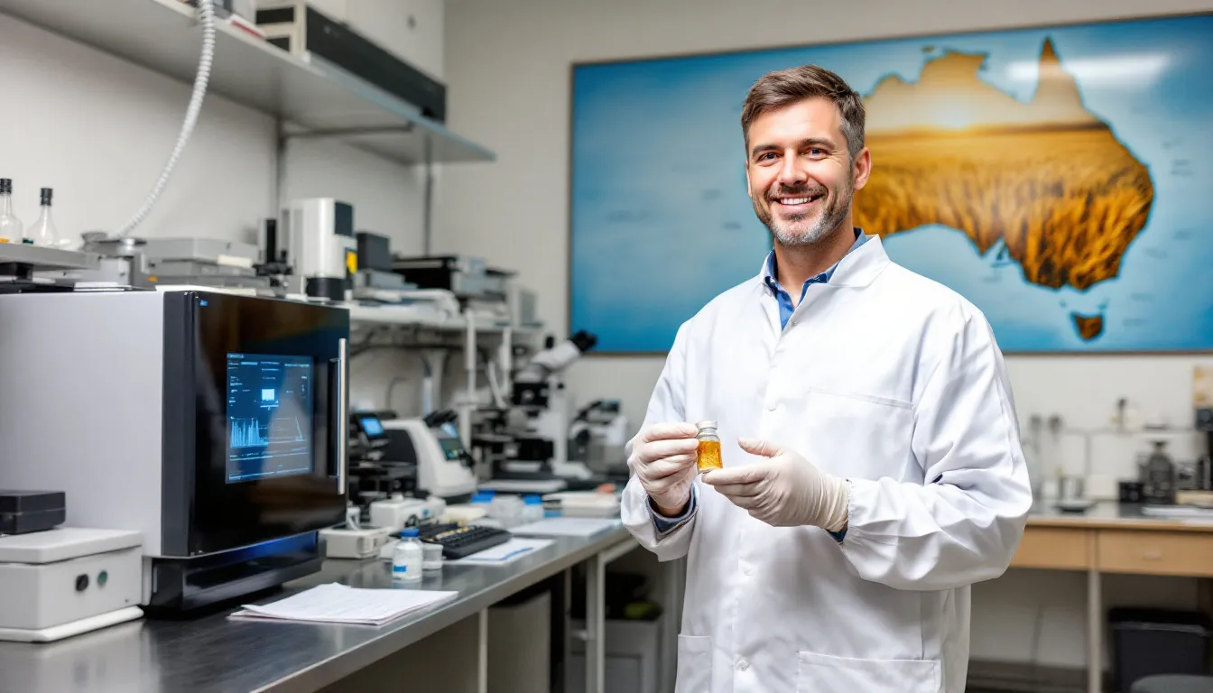 A laboratory technician conducting mycotoxin testing in Australia.