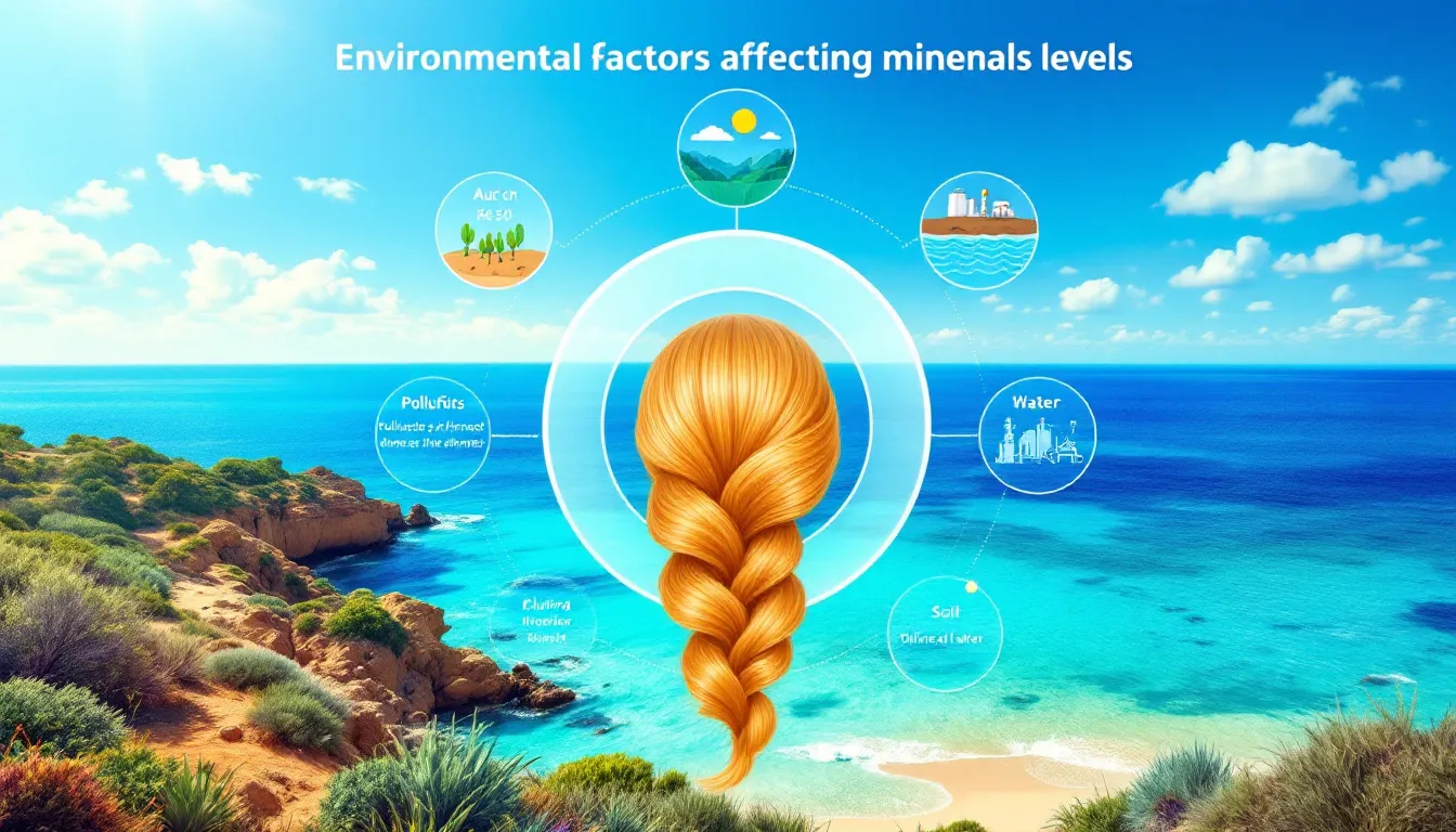 Environmental factors affecting mineral levels, with imagery of pollutants and healthy soils.