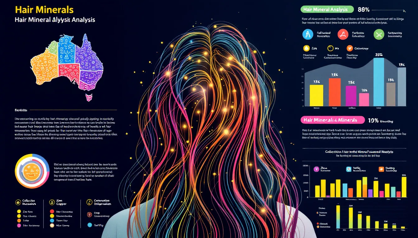 Benefits of hair mineral analysis illustrated with healthy hair and mineral content graphics.