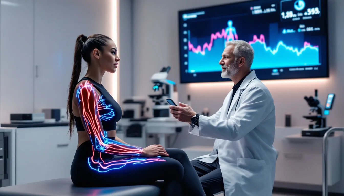 An athlete preparing for a blood test, discussing with a healthcare professional.