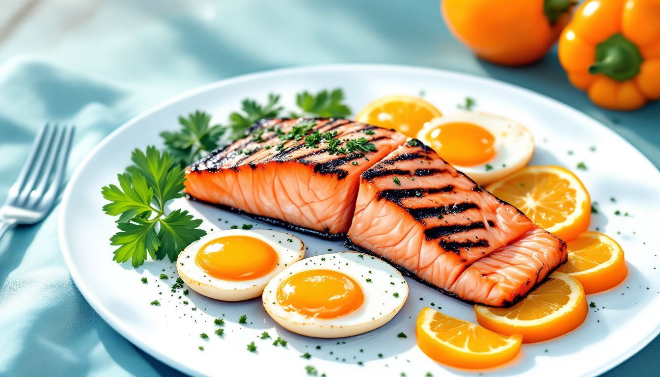 A healthy plate of foods rich in vitamin D, such as fatty fish and egg yolks.