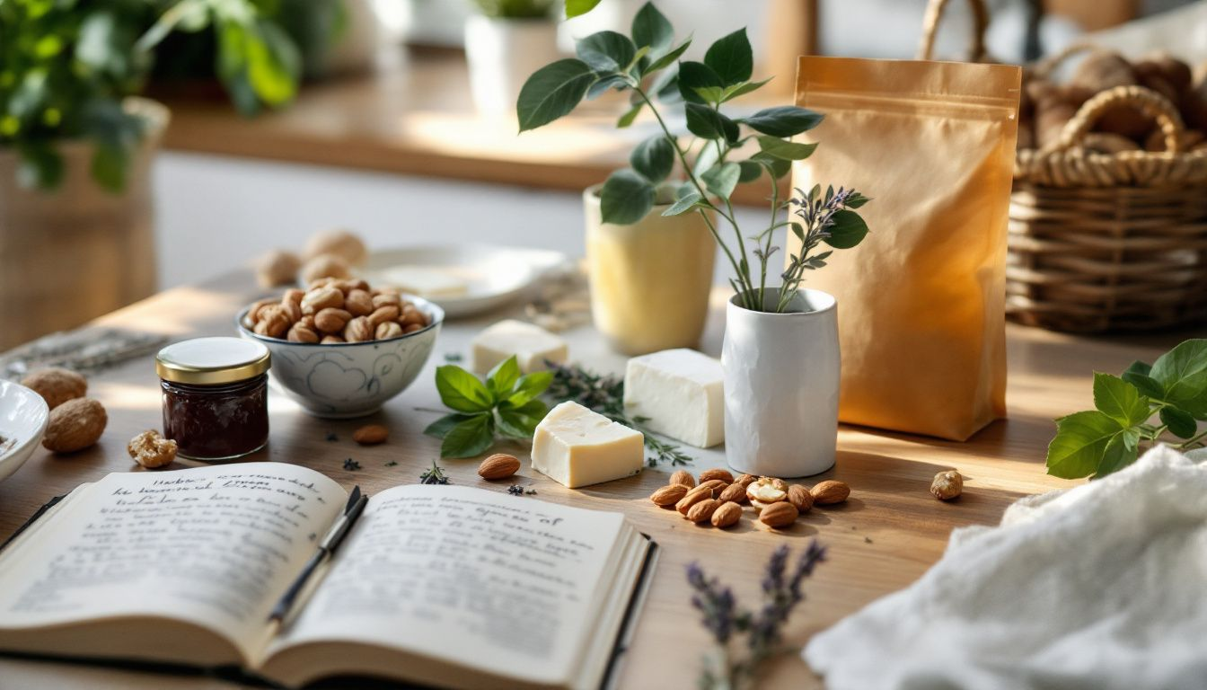 Common food allergens such as nuts, dairy, and gluten on a kitchen counter.