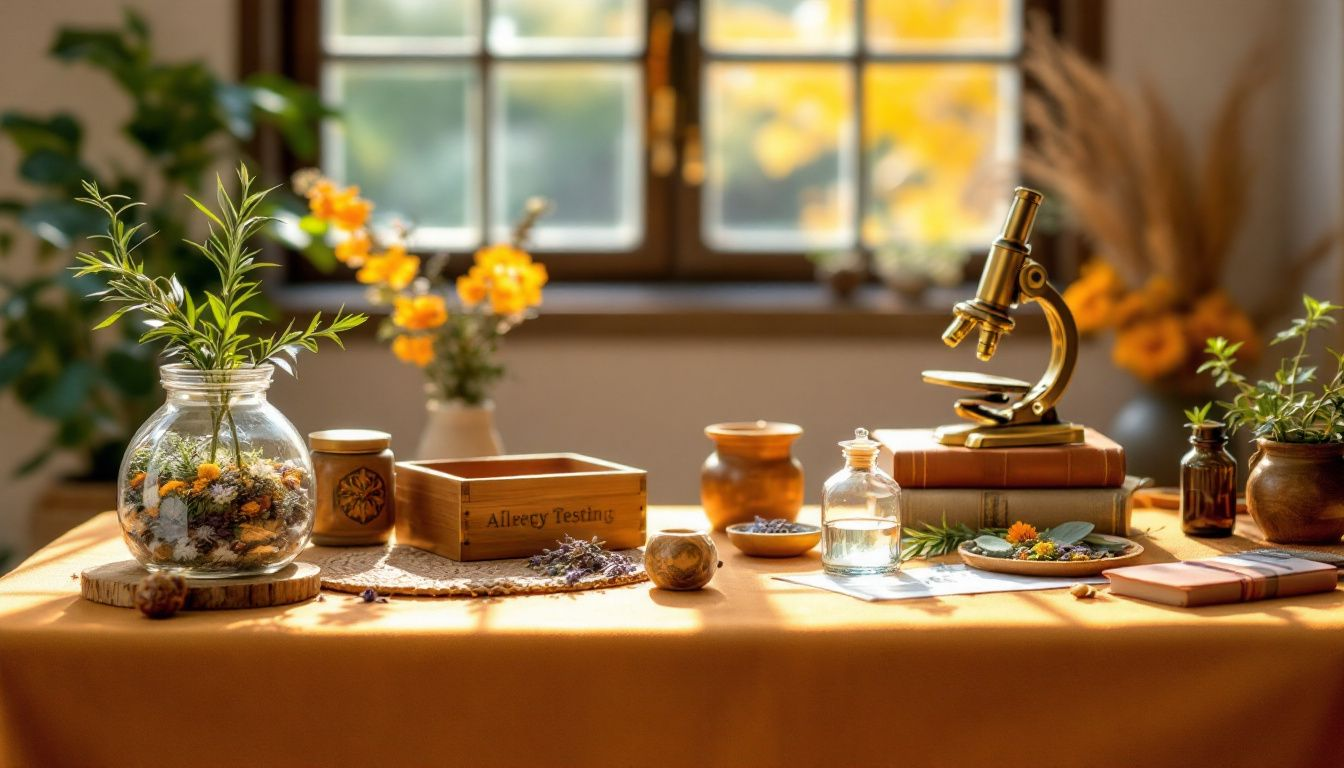 Different types of allergy tests displayed on a table.