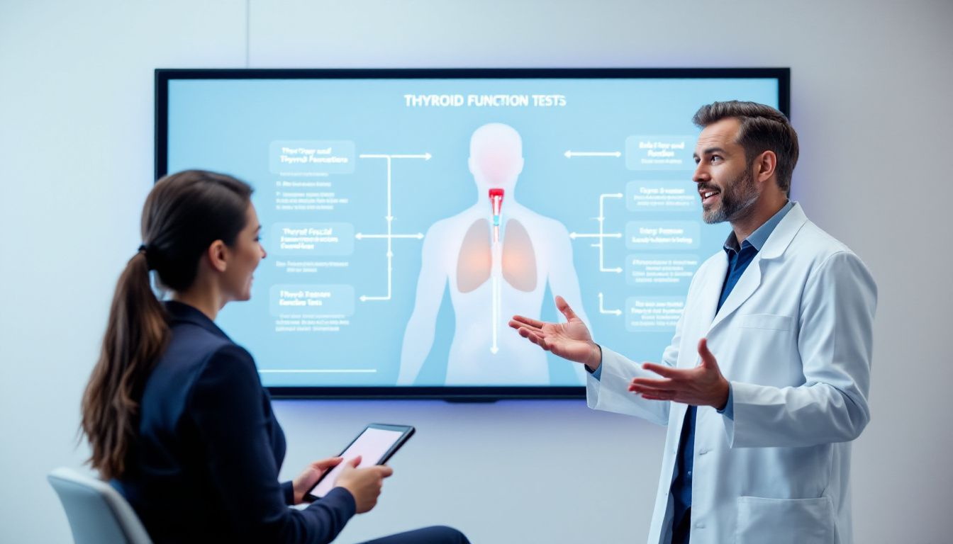 A healthcare professional discussing the importance of thyroid function blood tests with a patient.