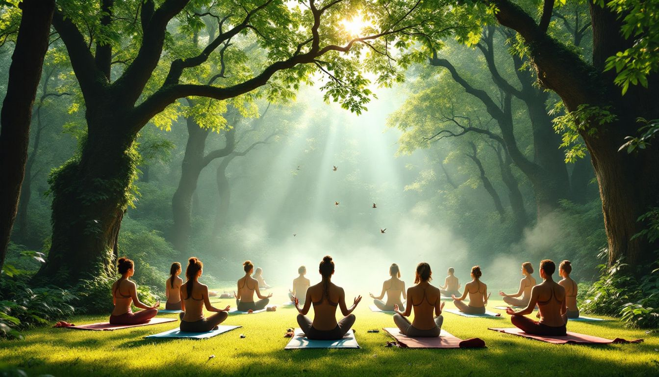 A peaceful scene of yoga and tai chi practitioners in a natural setting.