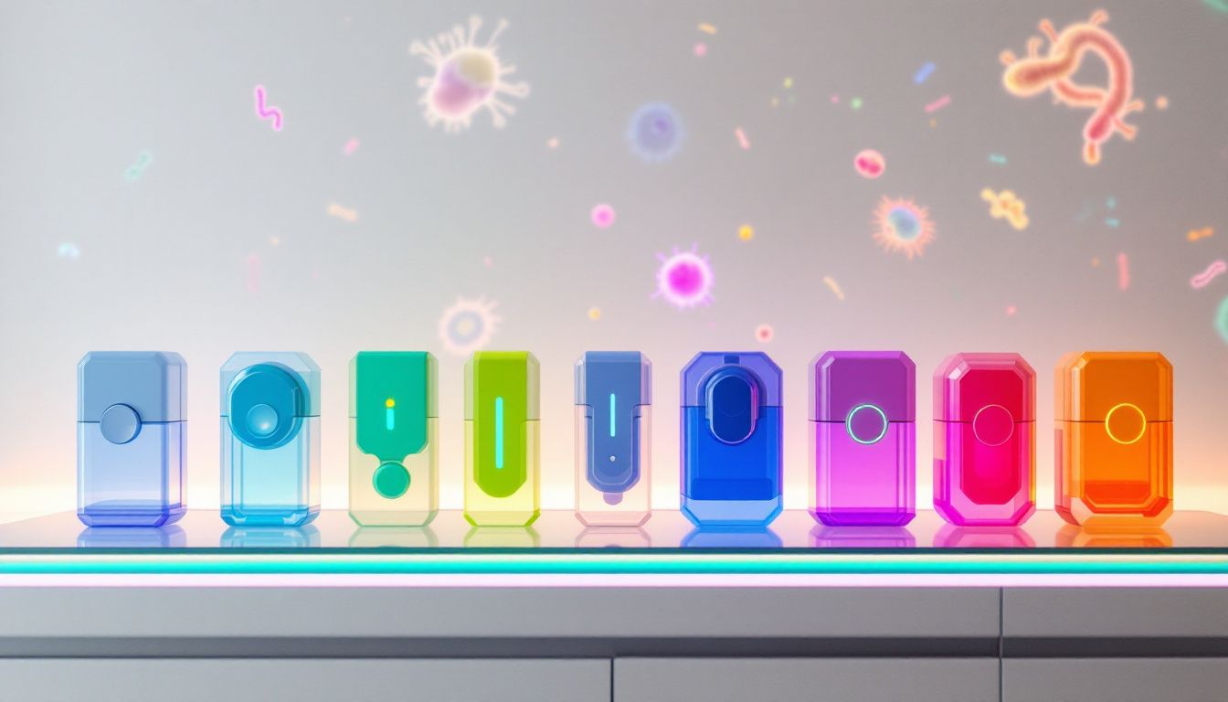 An array of at-home gut microbiome test kits on display.