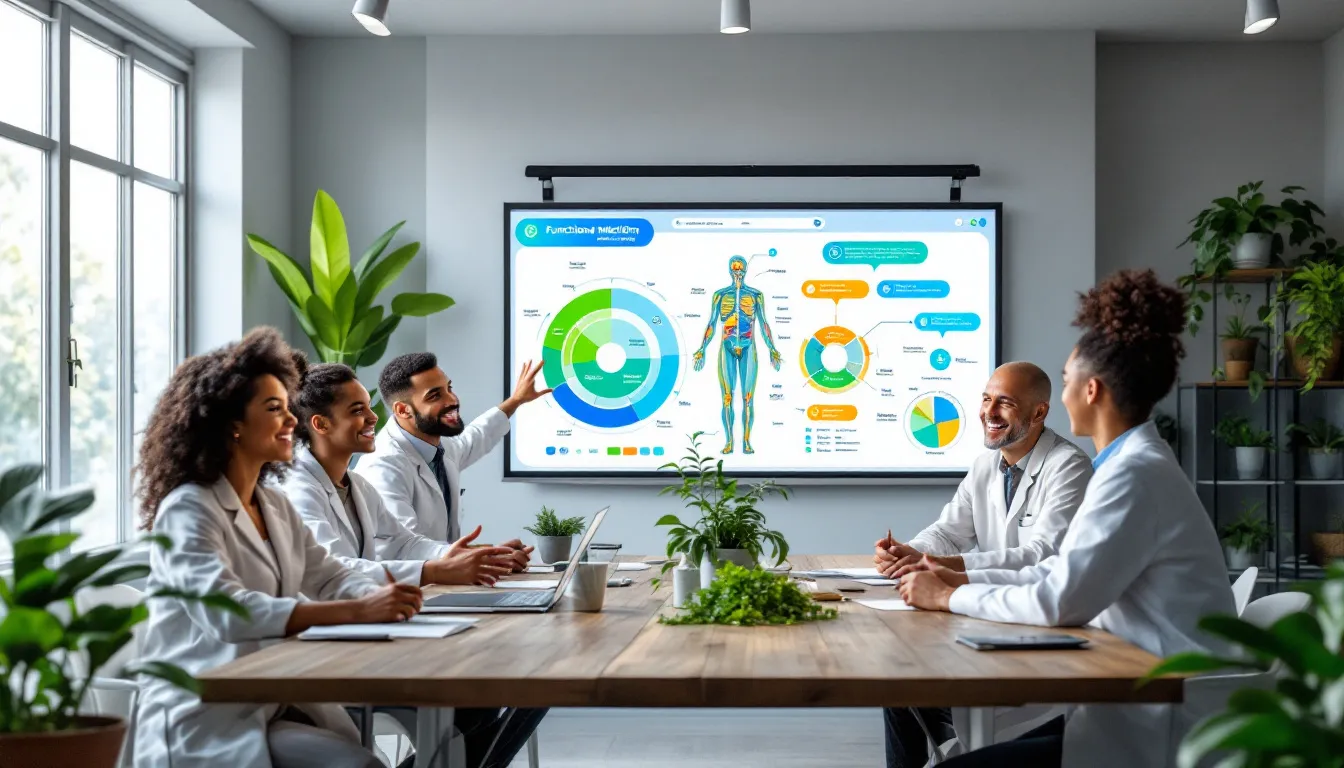 A diverse group of functional medicine practitioners discussing a treatment plan.