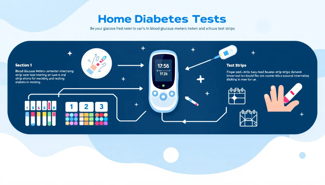 Various types of home diabetes tests including blood glucose meters and test strips.