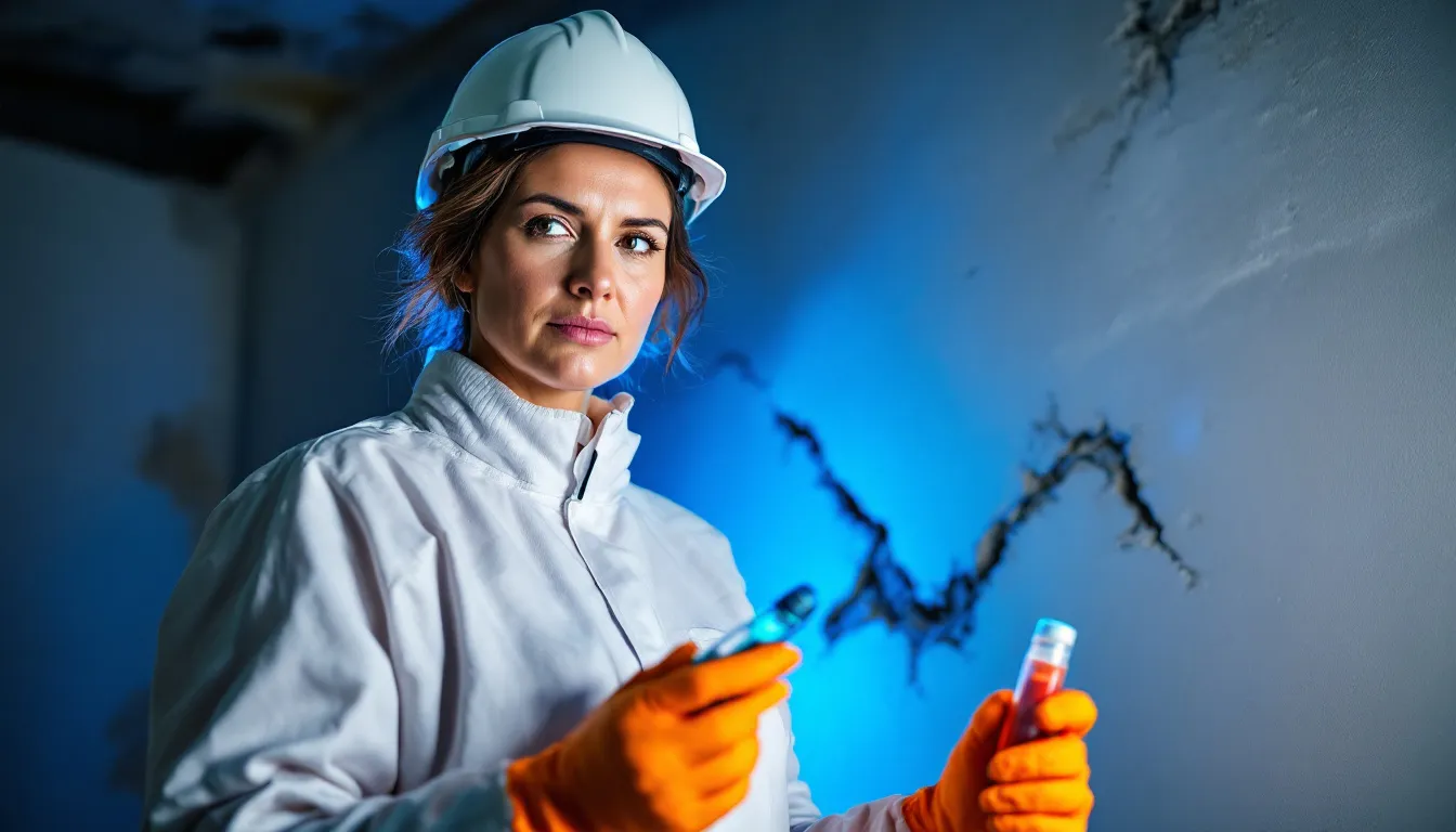 A professional conducting mould testing in a water-damaged building, highlighting the importance of remediation.