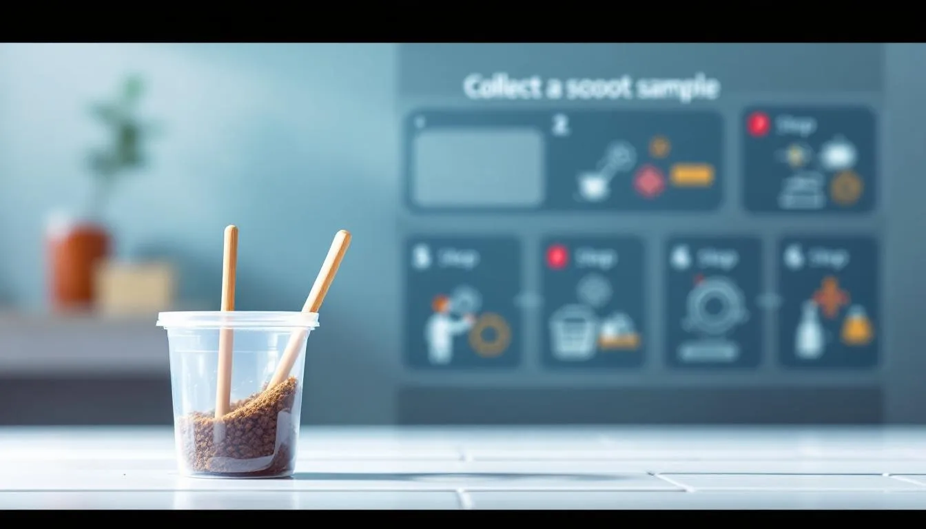 A step-by-step guide on collecting a stool sample with a blurred test kit in the foreground.