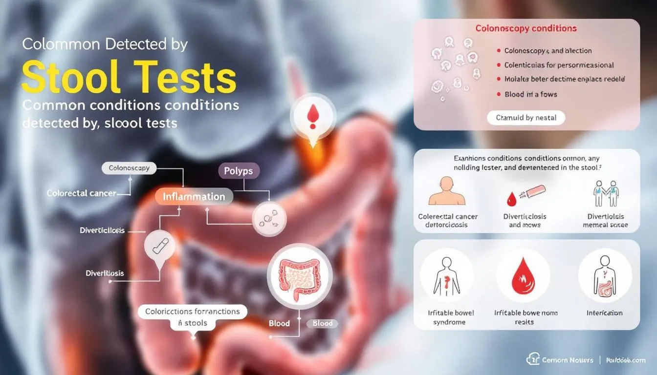 Common conditions detected by stool tests with a blurred image of a colonoscopy procedure.