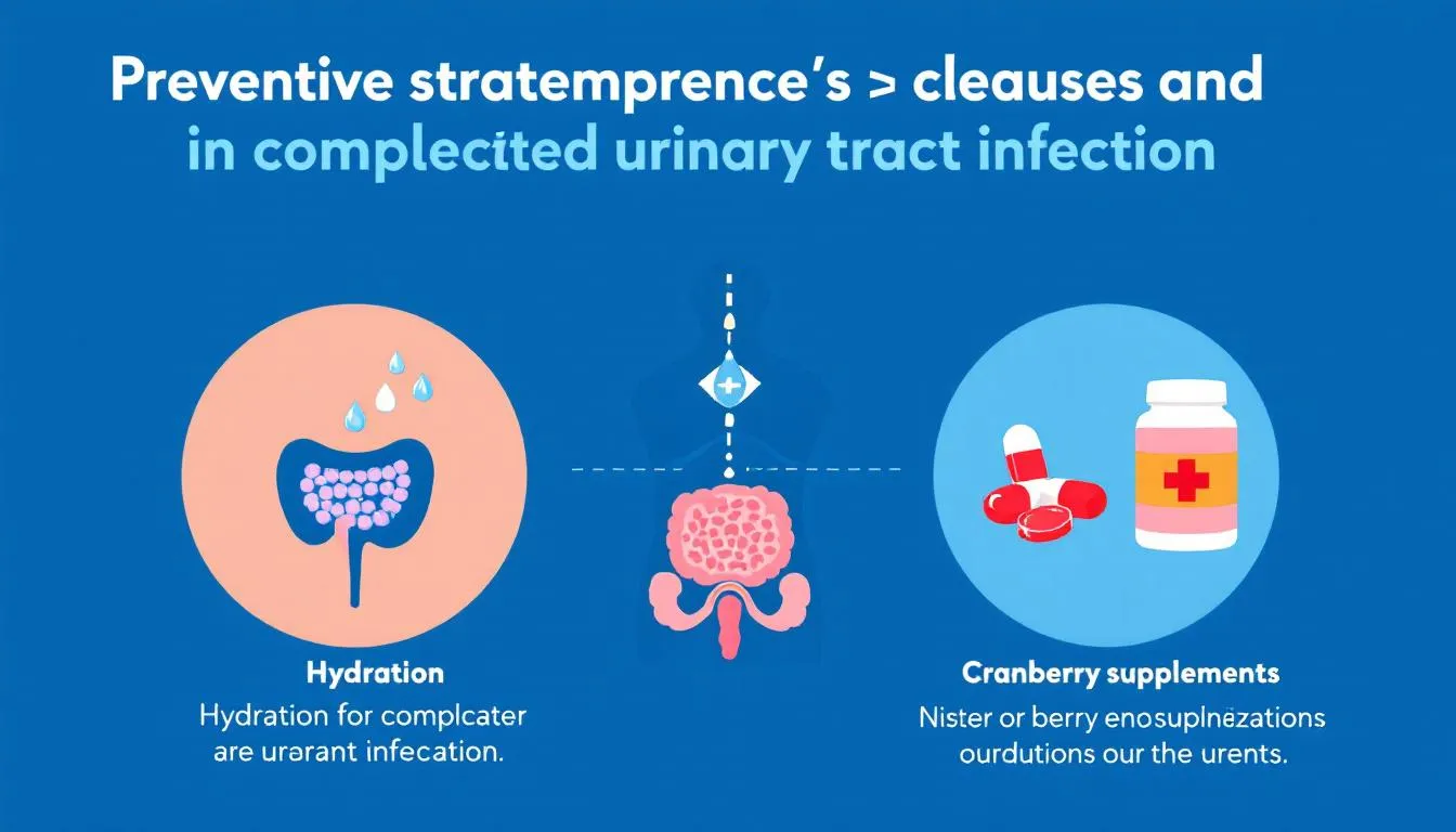 A visual guide on preventive strategies for complicated UTIs, featuring hydration and cranberry supplements.