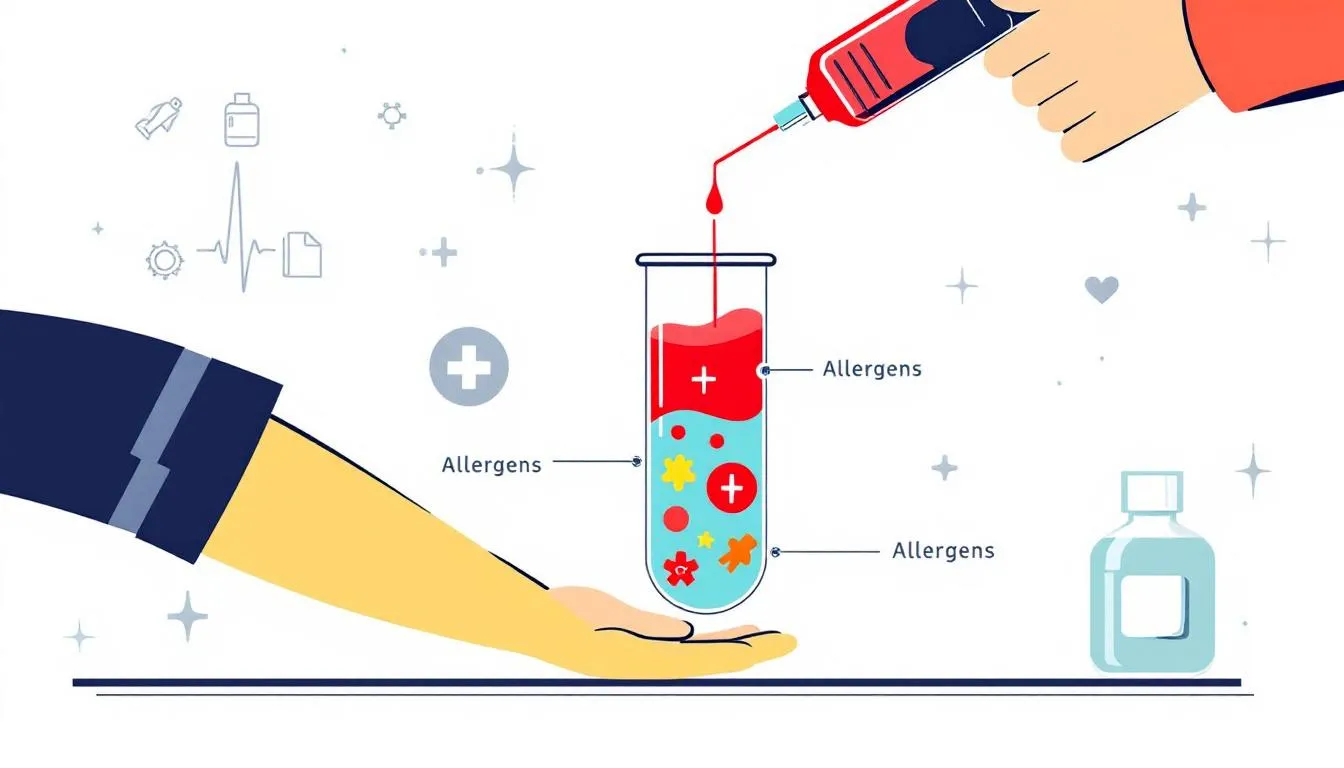 An illustration showing a blood test for allergies being conducted.
